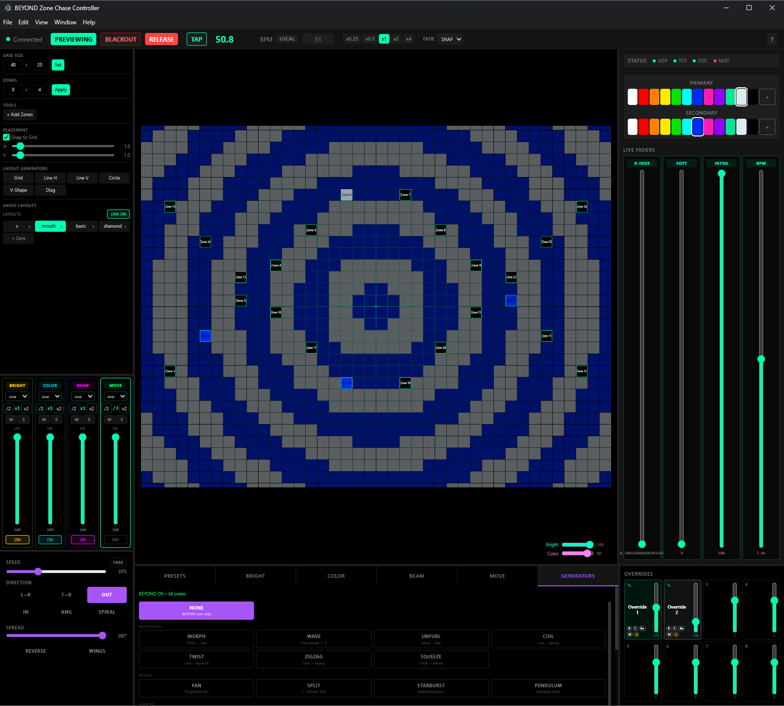 2 Infinity full application interface showing zone grid, effect controls, and preset management
